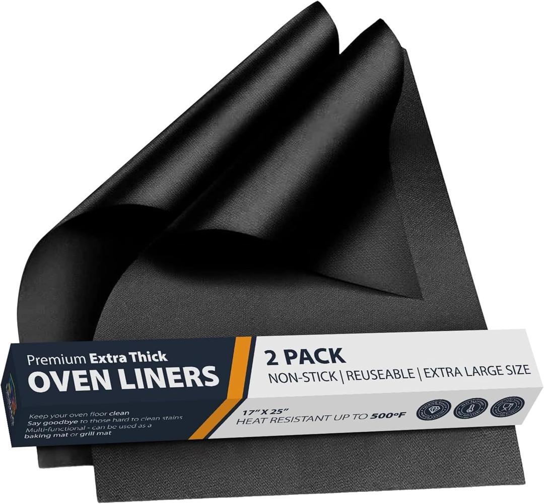 Oven Liners for Bottom of Oven - 2 Pack Large Heavy Duty Mats, 17x25 Non-Stick Reusable Liner for Electric, Gas, Toaster Ovens, Grills - BPA & PFOA Free Kitchen Accessory to Keep Oven Clean (Black)
