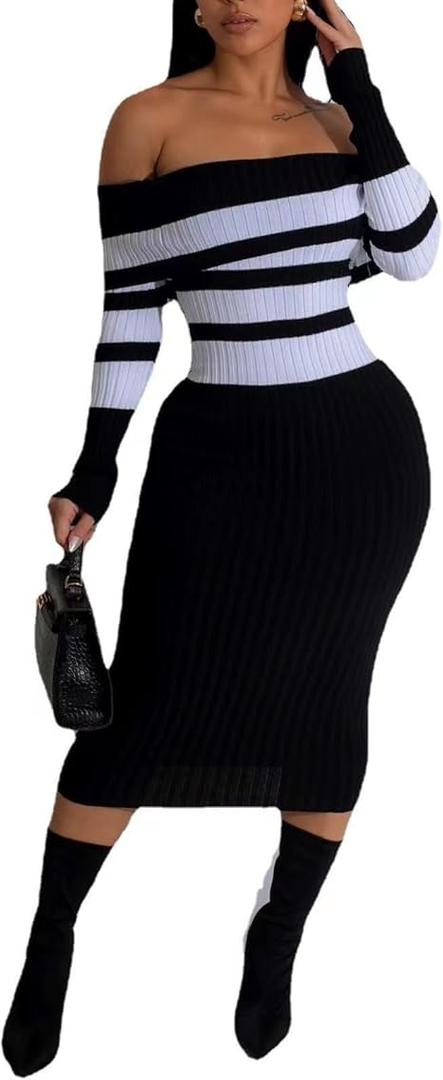 Women's Casual Sexy Off Shoulder Slim Knitted Long Sleeved Striped Maxi Party Dresses White, Size M