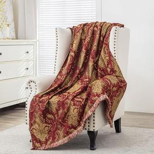 Loom and Mill Luxury Throw Blankets for Bed, Classic Damask Jacquard Bed Throws with Fringes Trim, Soft Lightweight Velvet Lined Fall Throw Blanket for Couch Sofa Chair (Red, 52”x72”)