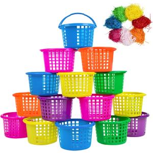 18PCS Easter Small Plastic Baskets with Handles Bulk, 70g Faux Grass Confetti Strips Accessories Filler Stuffers for Spring Decorations Party Supplies Favors