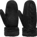 White Winter Warm Mittens for Women Thick Knitted Fuzzy Soft Gloves for Cold Weather Outdoor and Indoor (Black)