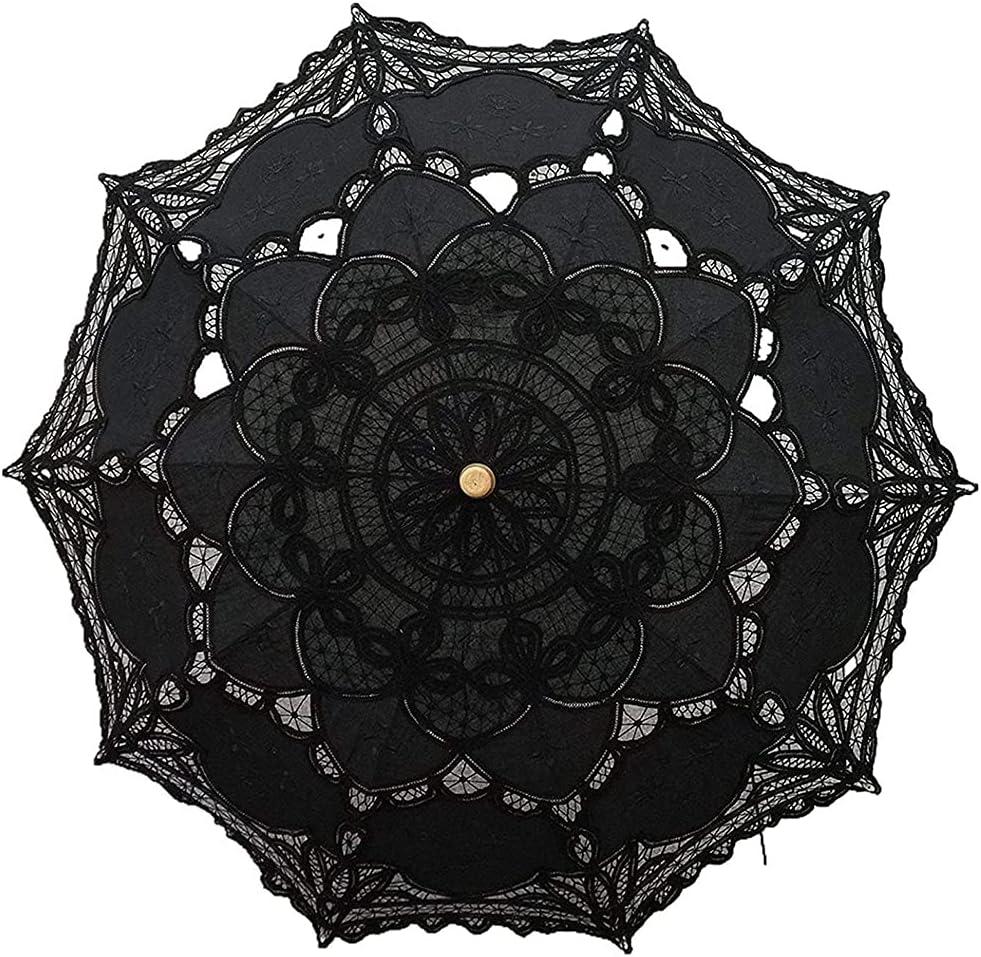 Lace Parasol Umbrella Vintage Wedding Bridal Lace Umbrella for Decoration Photo Tea Party 32 Inch Adult Size (Black)