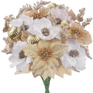 HUAESIN 2Pcs Gold Poinsettias Artificial Christmas Flowers Bouquet Mixed White Poinsettias and Hydrangea 17.7" Silk Christmas Floral Arrangements Winter Flowers for Outdoor Holiday Xmas Home Decor