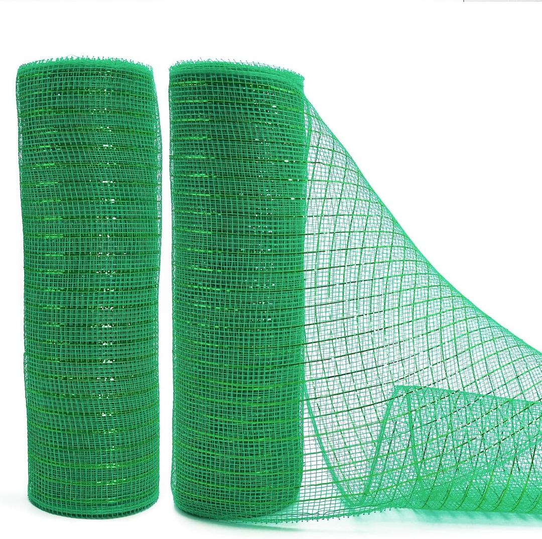 Emerald Green Decor Mesh Ribbon for Easter Wreath Metallic Foil Mesh Ribbon for Home Decor Craft Spring Holiday Party 10 Inch 10 Yards (2 Rolls)