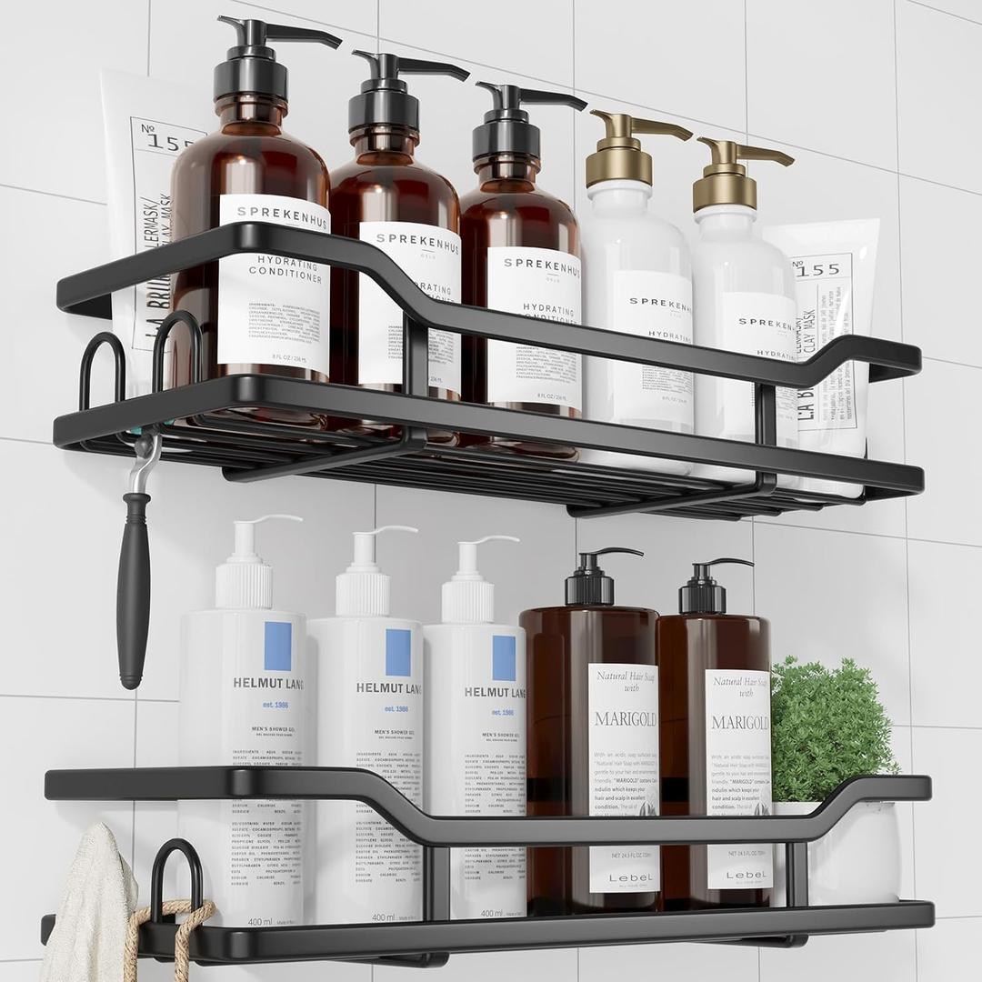 Kitsure Shower Caddy - 2 Pack, No Drilling Shower Organizer with 8 Hooks, Rustproof Stainless Steel Shower Shelf for Inside Shower, Wall Mounted Shower Rack for Bathroom, Kitchen, Black (X-Large)