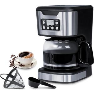 Programmable Coffee Maker 12 Cup Brew & Drip coffee machine, Fully Automatic, 1-4 Cup Setting, Stainless Steel, Keep- Warm Function, Household, Home and Office, Black
