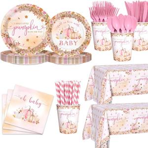 194 pcs Pumpkin Baby Shower Decorations Fall Pumpkin Party Plates for Girls A Sweet Little Pumpkin is On the Way Autumn Baby Shower Paper Plates Napkins Disposable Dinnerware Serves 24 Guests (Pink)