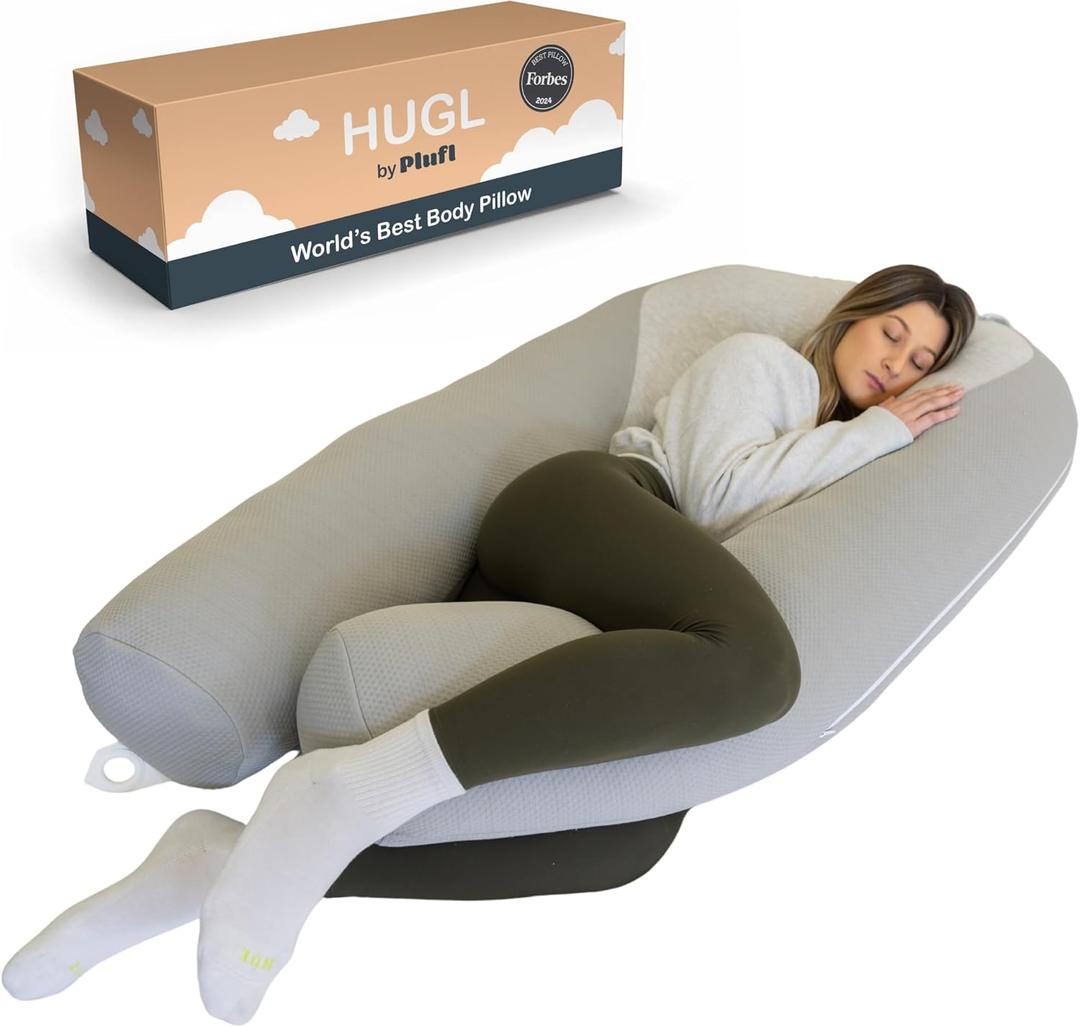 Plufl Hugl Cooling Body Pillow for Adults Made with CloudSupport Fill | U Shaped Maternity Pillows Great for Side Sleepers & Pregnant Women | Washable Cover | Grey (Standard)