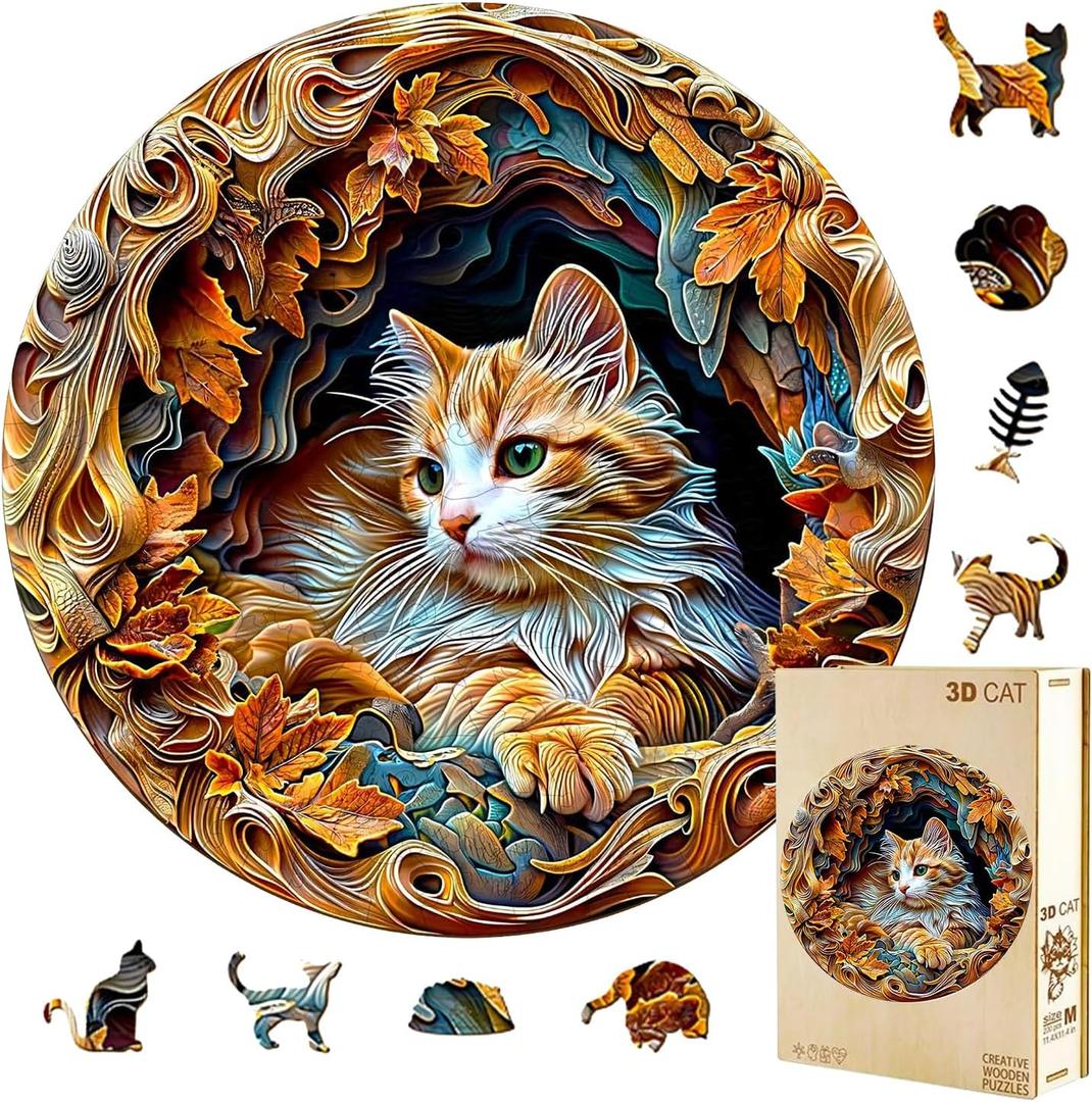 Wooden Puzzles Adults, 3D Cat Puzzle Wooden Puzzles 300 Pieces, Unique Animal Shaped Wood Challenging Jigsaw Puzzles Gifts for Women Cat Lovers Adults, 13.4x13.3in (Large)