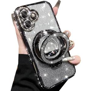 Glitter Kickstand Case for iPhone 17, Cute Luxury Bling Sparkly Diamond Rhinestones with Camera Lens Protector Liquid Flowing Ring Stand TPU Bumper Women Girls Case for iPhone 17 6.3" (Black)