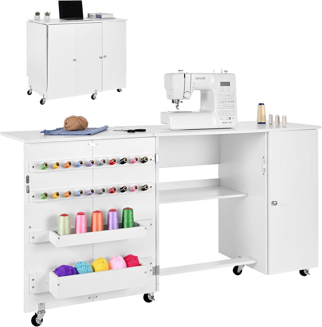 VEVOR Folding Sewing Table, Multipurpose Sewing Machine Table with Cabinet, Compact Design, Wheels, Wooden Pegs, Storage Trays and Shelf, Magnetic Door, Craft Station and Side Desk for Home, White