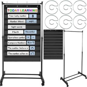 8 Pcs Adjustable Pocket Chart Stand Set Include 1 Standard Pocket Chart 6 Replacement Rings and 1 Adjustable Stand for Classrooms Home Teacher Lessons Educational Tools(Black)