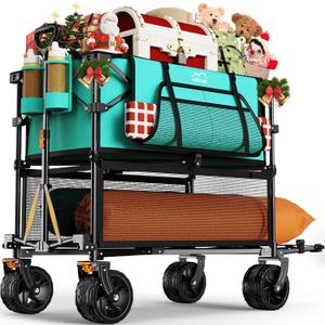 Foldable 50''L Extra Long Double Decker Wagon for Sport, 400L Collapsible Heavy Duty Wagon Cart with Big Wheels, Utility All-Terrain Large Extender Cart for Outdoors, Light Blue