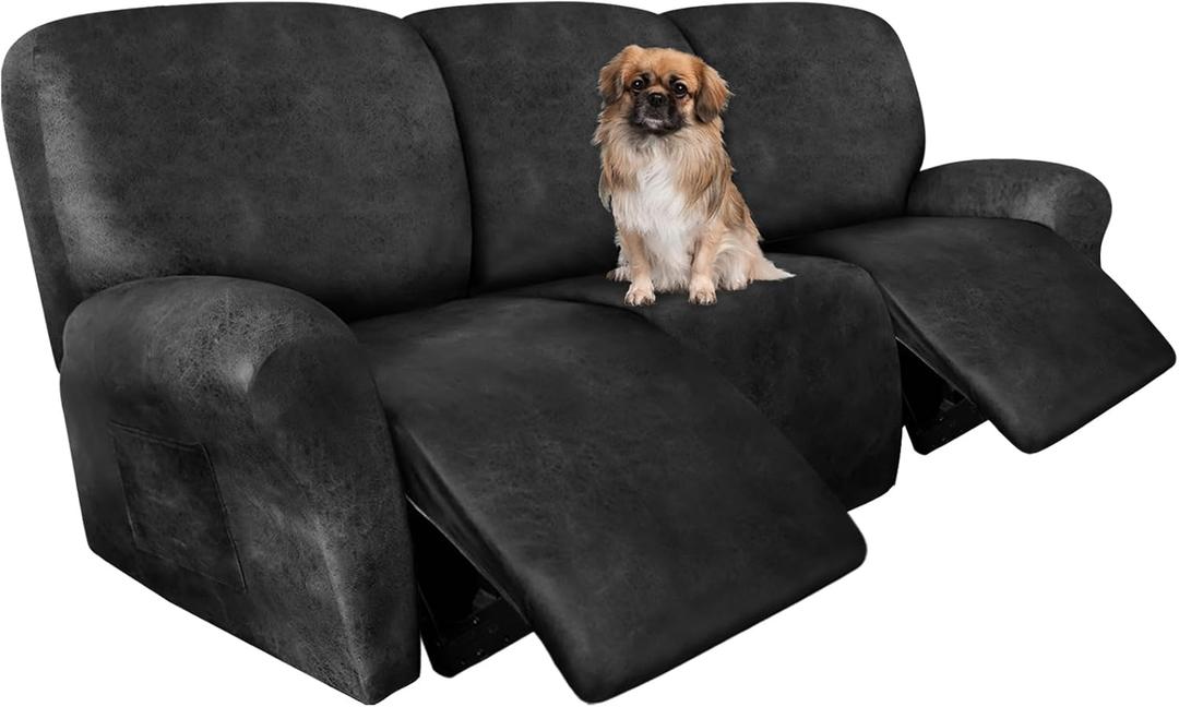 ANARACHON Recliner Couch Cover Leather Look Recliner Sofa Covers for 3 Cushion Reclining Sofa Slipcovers 8-Pieces Furniture Protector Spandex Fabric Washable (3 Seater, 02 Dark Gray)
