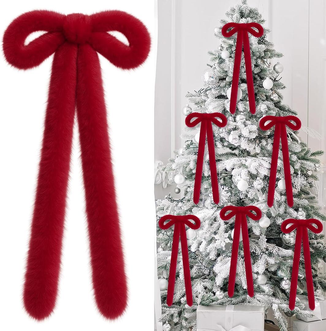 2 x Hoteam 6 Pcs Rustic Faux Fur Christmas Swag Bows 23" x 15" Vintage Large Furry Christmas Wreath Bow for DIY Xmas Staircase Tree Door Garland Fireplace Indoor Outdoor Decorations Craft(Burgundy)