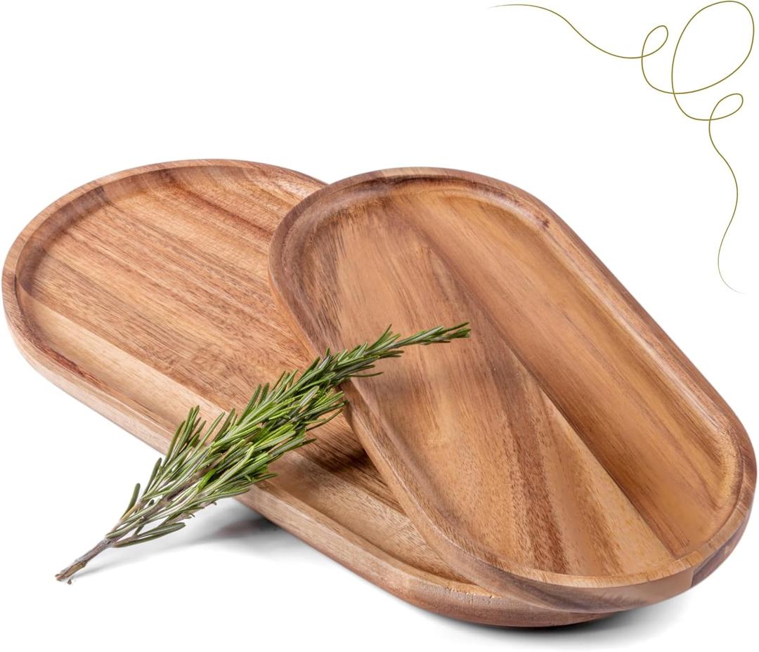 Acacia Wooden Serving Trays Set of 2 - Rectangular Oval Shaped Wood Plates for Charcuterie Cheese Bread Fruit Vegetable Dip Sushi - Rustic Serving Platter Shallow Dishes -14x7 & 11x5.5 In.