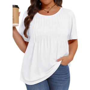 Plus Size Tops for Women Pleated Summer Top Trendy Short Sleeve Shirts Casual Basic Tee Crew Neck Blouses 2026