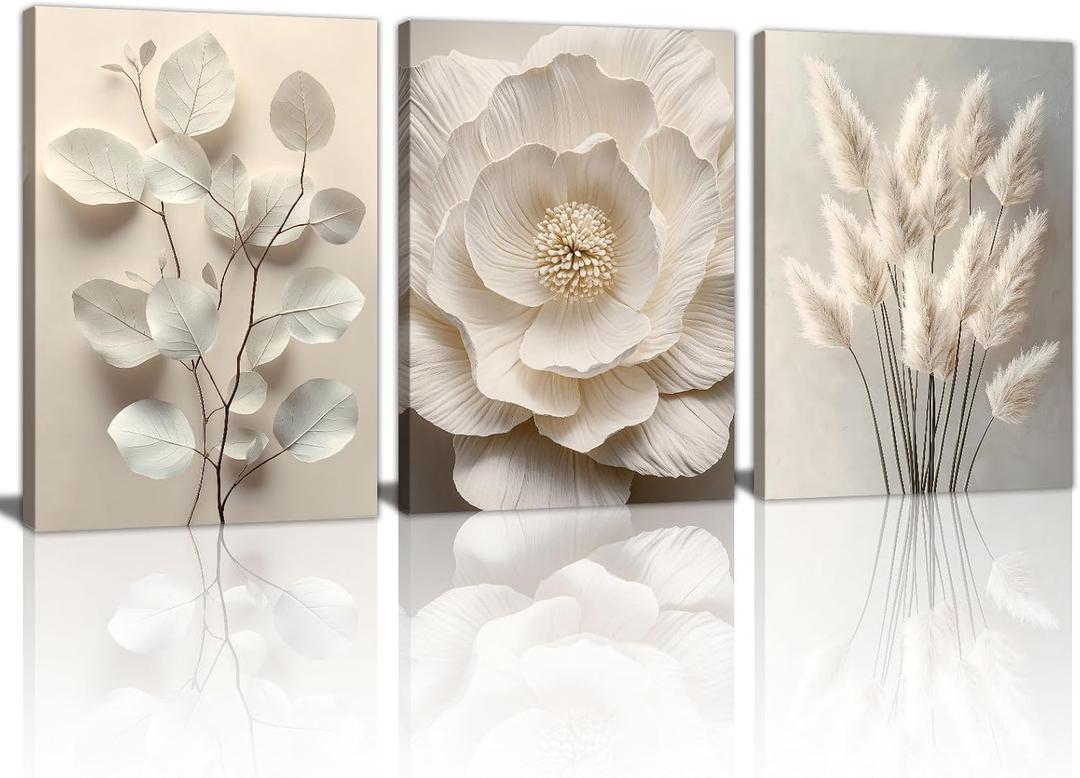 3Pcs Beige Floral Botanical Frame Canvas Wall Art, Neutral Textured Flower Plant Wall Painting Picture Wall Decor Vintage Blossom Posters Prints for Bedroom Living Room Reay to Hang 20"x28"x3Pcs
