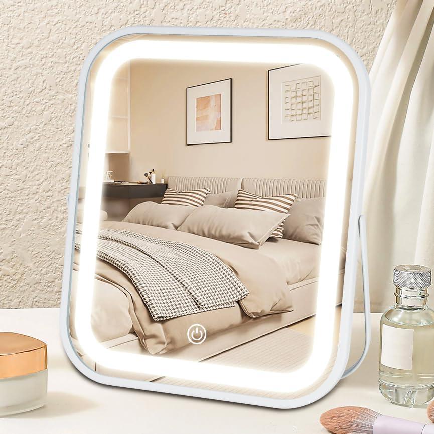 Lighted Makeup Mirror, Rechargeable Vanity Mirror with Lights 10''x8'' Makeup Mirror with Lights,Light up Mirror Touch Screen with 3-Color Lighting,for Women Gift,Travel Essentials (White)