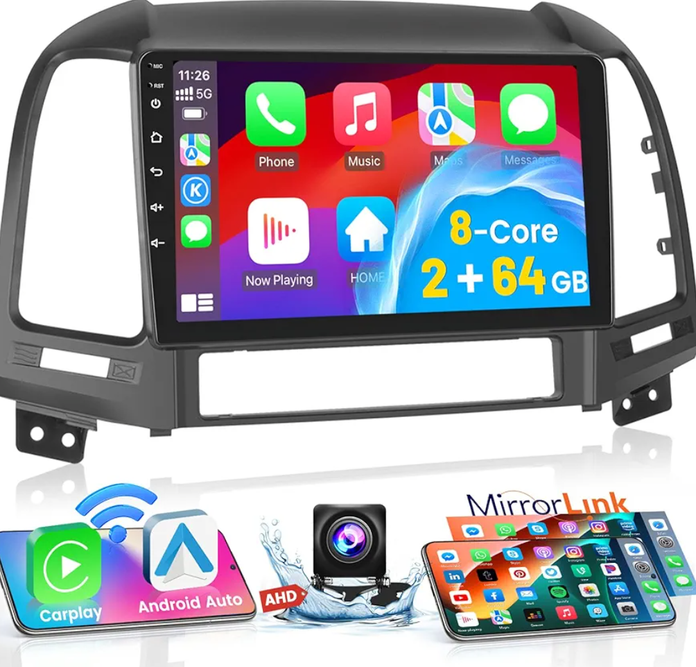 Fuluku【for Hyundai Santa Fe 2006-2012】 Android 2+64GB 9'' HD Touch Screen Car Radio with Wireless Carplay, Android Auto, GPS, WiFi, Bluetooth, SWC, Mic, Backup Camera Mirror Link