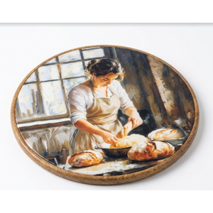 CUANFDDSF French Kitchen Women Cooking Round Wall Art, Vintage Cottagecore Woman Baking Bread Framed Hanging Wall Decor, Rustic Farmhouse Canvas Prints Decorations for Kitchen Dining Room, 10x10 Inch