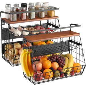 Vicenpal 2 Set Magnetic Shelf for Fridge with Wood Lid 3 Tier Drawer Spice Rack Heavy Duty Fruit Basket Potato and Onion Storage Bins Magnetic Kitchen Organizer for Refrigerator Home Kitchen Cabinet