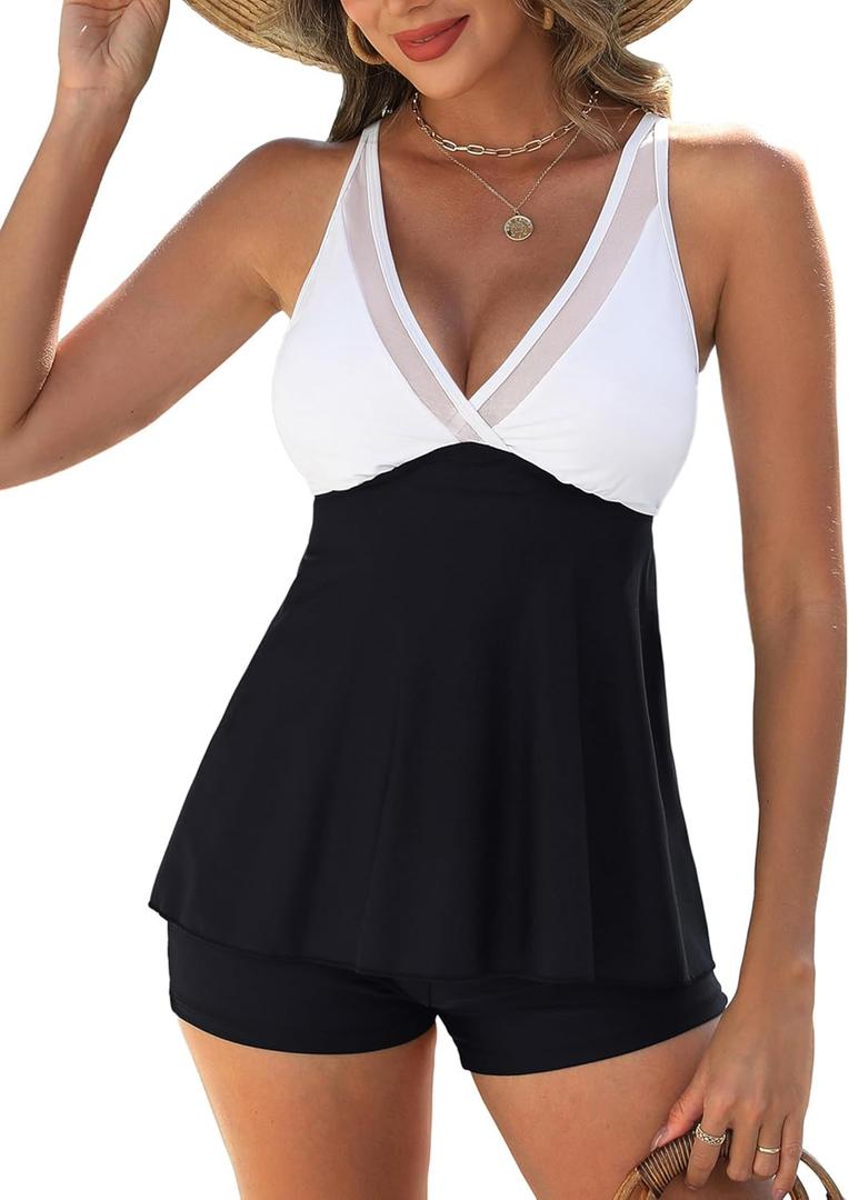 Kate Kasin 2 Piece Tankini Swimsuits for Women Tummy Control Bathing Suits Mesh Sheer V-Neck Flowy Swim Suits with Boyshorts (Large, White/Black)