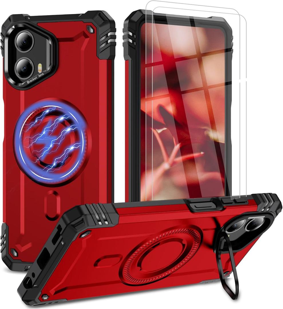 for Moto G 5G 2024 Case with Stand, 15 FT Military Drop Protection, Compatible with Magsafe, with 2X Tempered Glass Screen Protector, Shockproof Case for Moto G 5G 2024 (J Red)