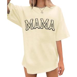 Mama Shirts for Women Oversized Cute Mama Print Graphic Tees Trendy Mom Short Sleeve Tops Beige (Beige, S)