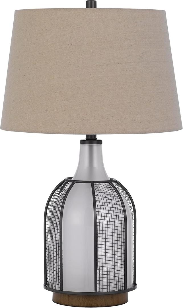 Cal Lighting BO-3124TB 150W 3 Way Morgan Glass Table Lamp with Mesh Guard Design and Taper Drum Linen Shade