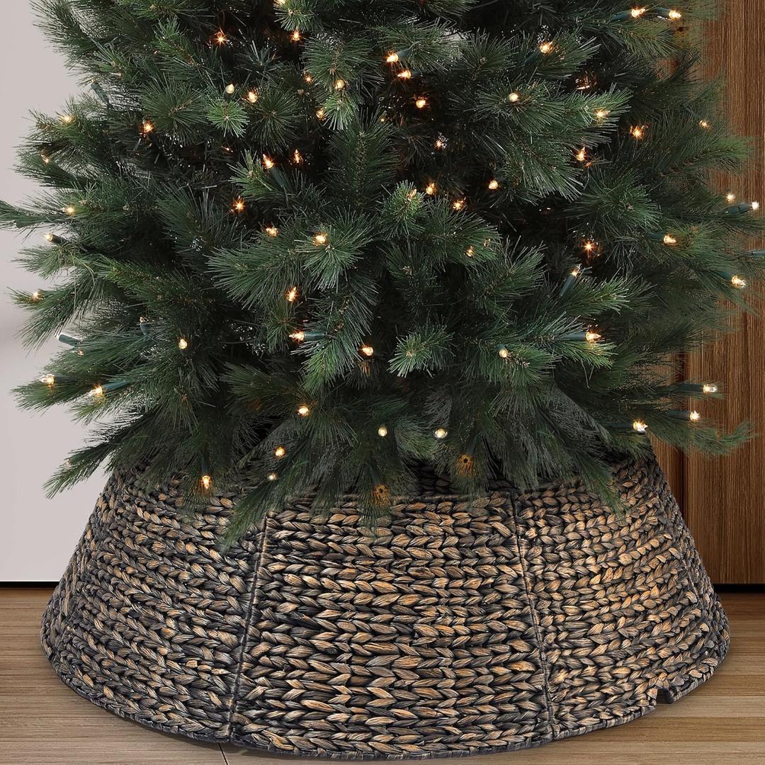 42 Inch Extra Large Christmas Tree Collar, 8 Piece Durable Hyacinth Christmas Tree Base Cover, Handmade Wicker Xmas Tree Collar Adjustable Tree Skirt for Artificial Tree Pencil Tree - Black Wash