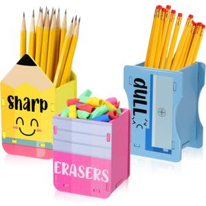 3 Pcs Pencil Shaped Holder Sharp and Eraser and Dull Holder Wooden Dispenser Pencil Storage Organizer for Back to School Management Organization(Cute)