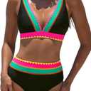 popvil High Waisted Bikini Sets for Women Two Piece Bathing Suits Neon Swimwear V Neck Full Coverage Swim Suits 2026 XL