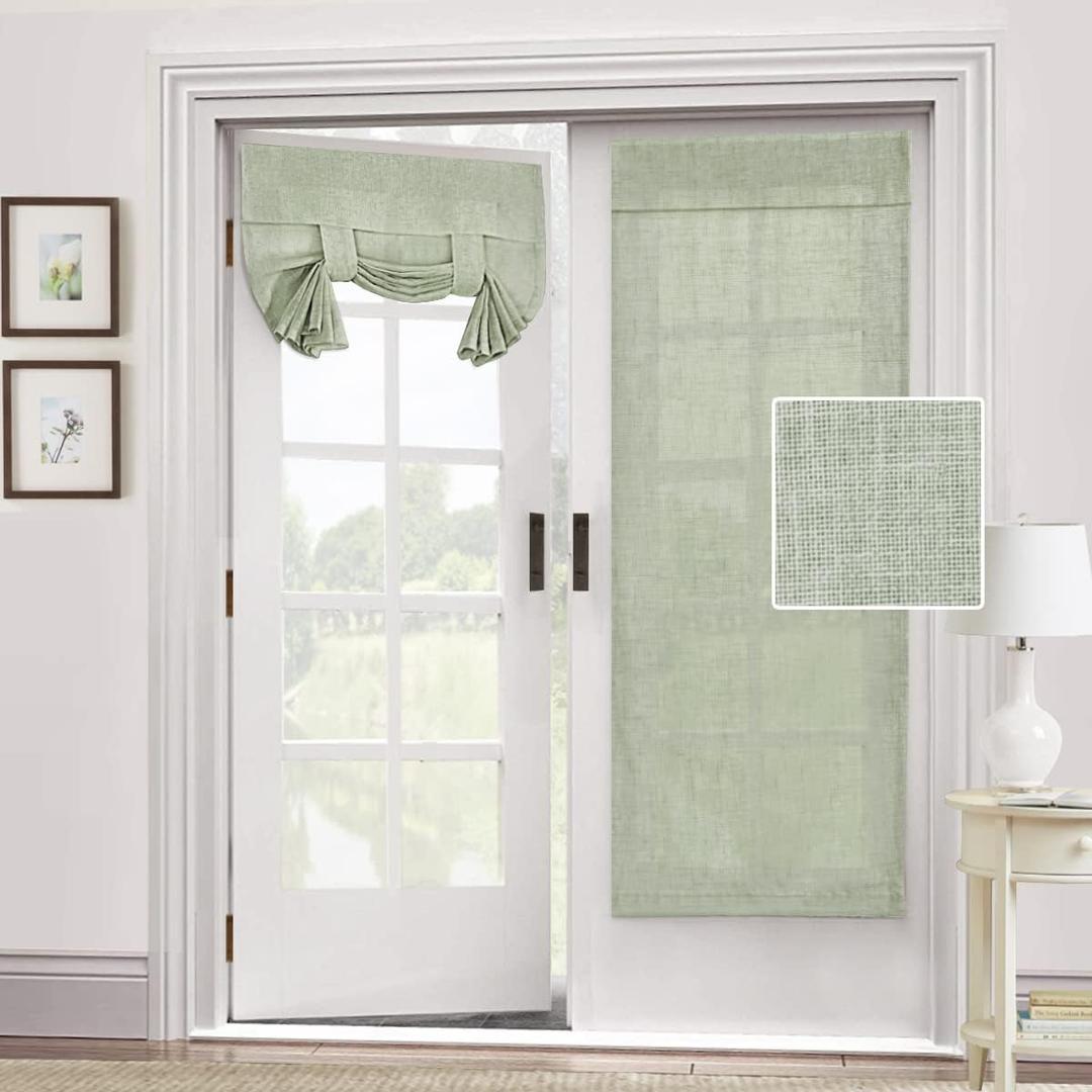 H.VERSAILTEX Natural Linen Semi Sheer French Door Curtains Light Filtering Privacy Boho Window Drapes 2 Panels Self Adhesive Door Blinds Tie Up Shade for Bedroom Living Room,68" Lx26 W,Sage