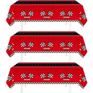 Childom 3Pcs Racing Car Plastic Tablecloth, Race Birthday Party Decorations, 54'' x 108'' Checkered Table Cloth Decor, Favors Rectangular Tablecloth for Boys Baby Shower Home
