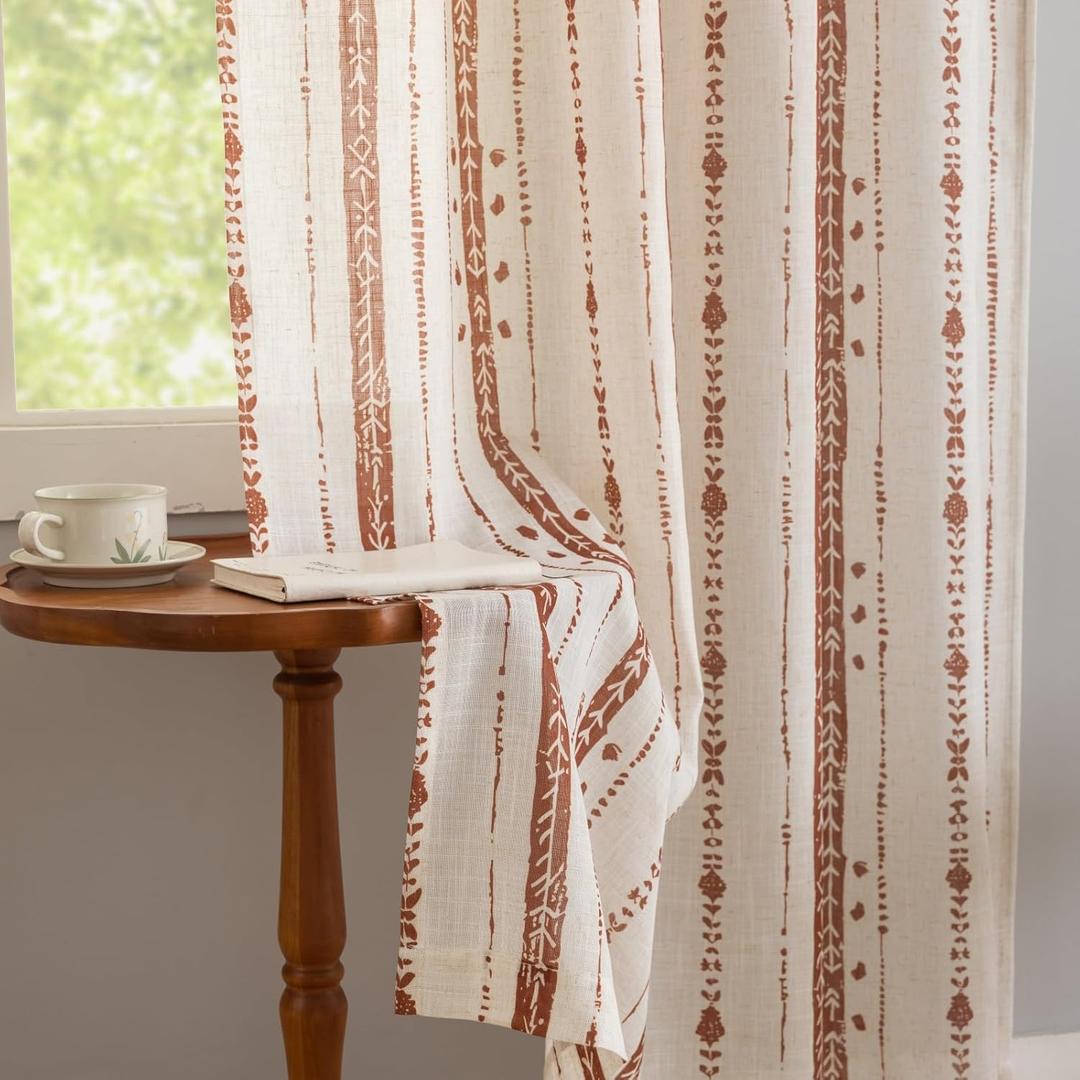 Terracotta Boho Curtains Cottage Core Fall Linen Textured Curtains for Living Room Light Filtering Geometric Curtain 96 Inches Long for Farmhouse Rustic, Each 52 Inch Wide, 2 Panels Set