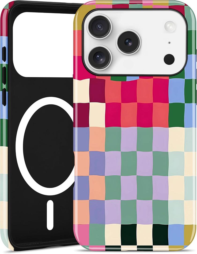 Jusy Compatible with MagSafe Checkerboard Case for iPhone 17 Pro Max, Cute Aesthetic Checkered Magnetic Phone Case, Soft TPU and Hard PC Protective Phone Cover for Women GirlsShiny - Colorful