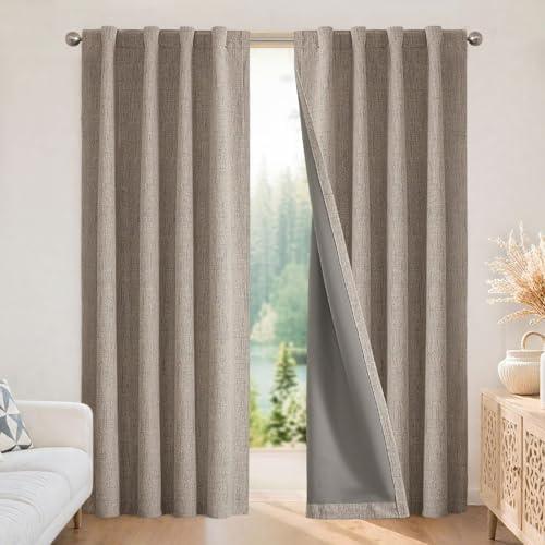 Joydeco 100% Blackout Curtains for Bedroom - Natural Linen Curtains, Thermal Insulated Linen Light Blocking Drapes, Rod Pocket & Back Tabs Linen, 52" W x 90" L 