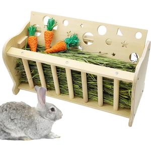 Hamiledyi Wooden Small Animal Hay Feeder - Rabbit, Guinea Pig, Chinchilla Cage Accessory, Hay Saver Rack & Dispenser for Small Pets