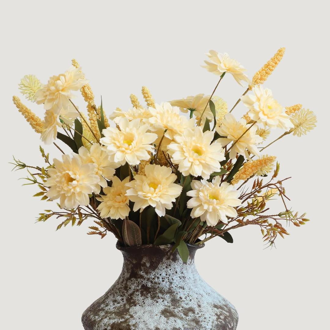 KBREE Artificial Mums Bouquets Faux Daisy Flowers, 4 Bunches Handmade Flowers, 17.7" Natural Farmhouse Mums Bouquets for Winter Home Decor, Indoor Decor & Table Centerpieces(Pale Yellow)