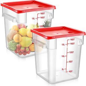 Suclain 2 Pcs Square Food Storage Container Polycarbonate Clear Food Container with Red Lid Commercial Rice Storage with Red Graduations for Commercial Kitchen(11 x 12.4 inches)