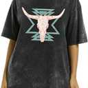 Oversized Western Shirts for Women Vintage Country Music Tee Cow Skull Graphic Tee Rodeo Cowgirl Short Sleeve Top, S