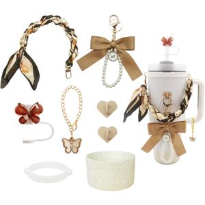 Stanley Cup Accessories set for 40oz & 30oz Tumbler including Water Bottle Handle StrapBow KeychainCup RingBling Silicone Bootsbutterfly Straw TopperCharm Accessories for Stanley (brown)