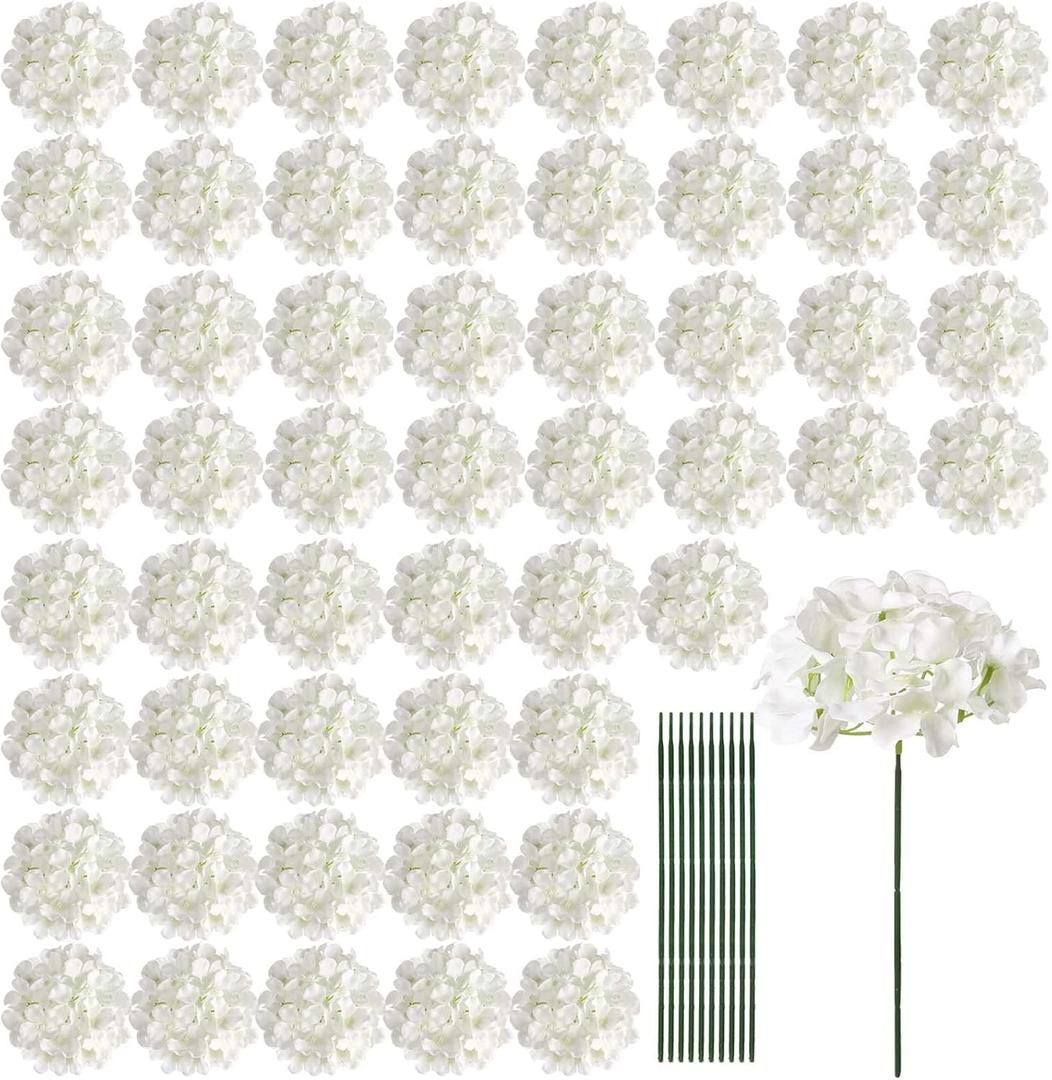 Auihiay 64 Pcs Hydrangea Artificial Flowers Bulk, Silk White Hydrangea Heads with Stems