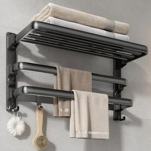 VOLDRA 24-Inch Towel Rack,Bathroom Towel Shelf with 2 Towel Bar Foldable Towel Holder with 7 Hooks Towel Storage Organizer for Bathroom & Lavatory Wall Mounted (Matte Black)