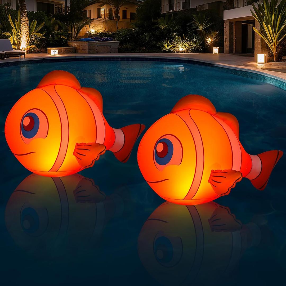 Floating Pool Lights Solar Powered, 16'' Inflatable Waterproof Clownfish Solar Pool Lights that Float, Auto On/Off LED Floating Lights for Pool Garden Backyard Outdoor Decoration - (2 Piece)