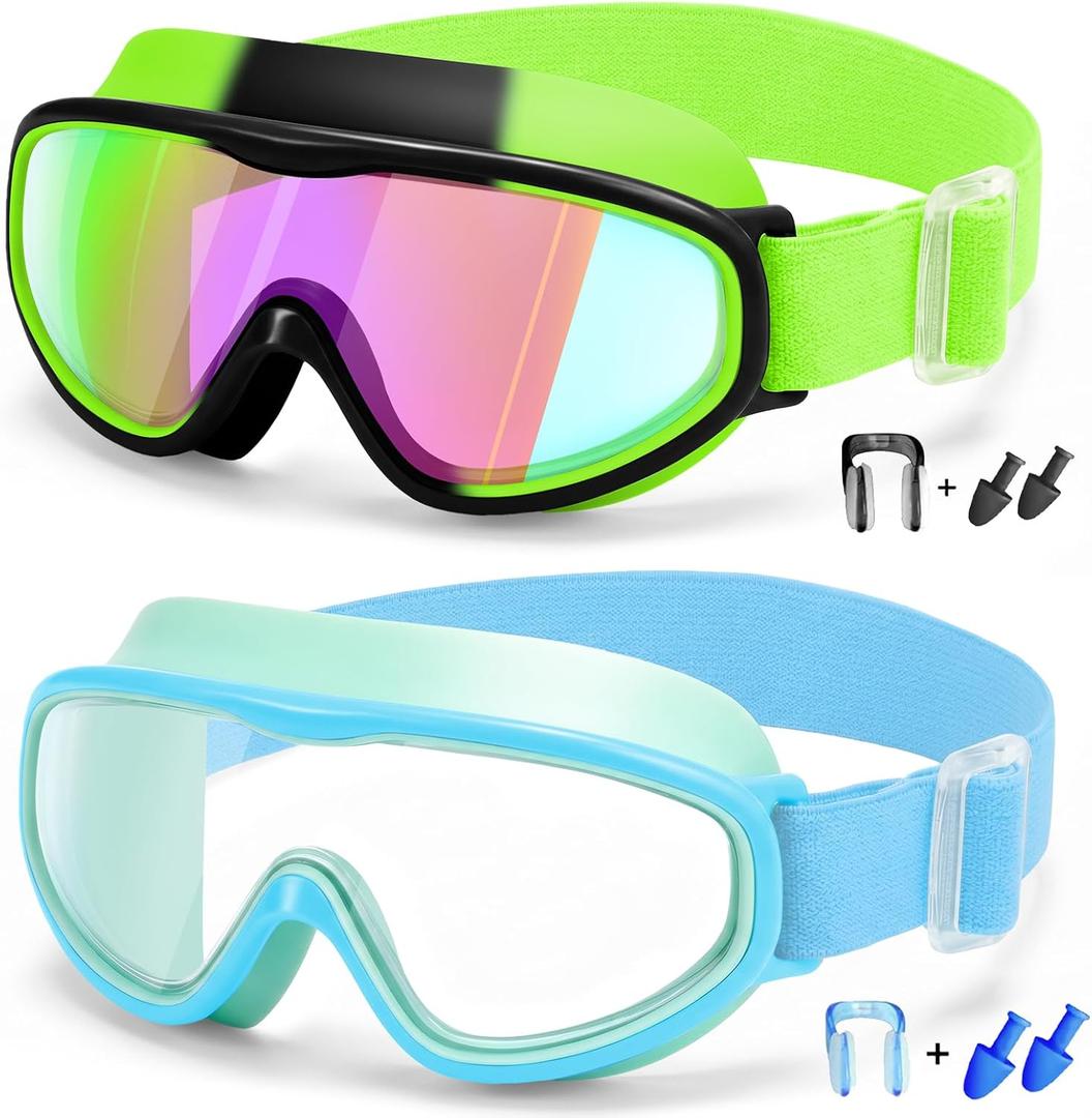 Vvinca Kids Goggles with Comfort Fabric Strap, Kids Swim Goggles Wide View Anti-Fog/UV No Leaking Swimming Goggles for 3-14 (01-green & Blue)