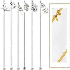 6Pcs Halloween Skull Charms Cocktail Stirrers Swizzle Sticks Stainless Steel 7.5" Coffee Beverage Stir Sticks for Mixing Cocktail, Hot Cocoa, Creamer