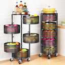 Fruit and Vegetable Basket Bowls for Kitchen with Metal Top Lid, SNTD 5 Tier Rotating Storage Rack Cart for Potato Onion Bread Banana, Wire Basket Organizer on Wheels, Large, Black