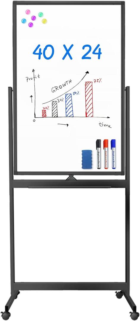 maxtek Magnetic Mobile White Board, 40 x 24 Double Sided Dry Erase Board Rolling Whiteboard, Aluminum Frame Standing Whiteboard on Wheels for Home Office Classroom (40 x 24 Black)